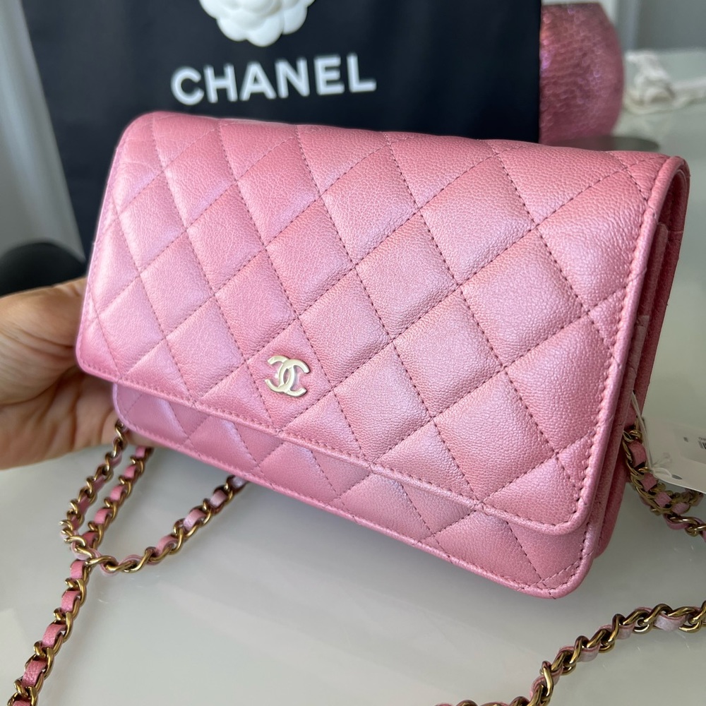 NEW UNBOXED RARE Cloudy pearly goatskin gold hardware iridescent pink - Picture 9 of 14